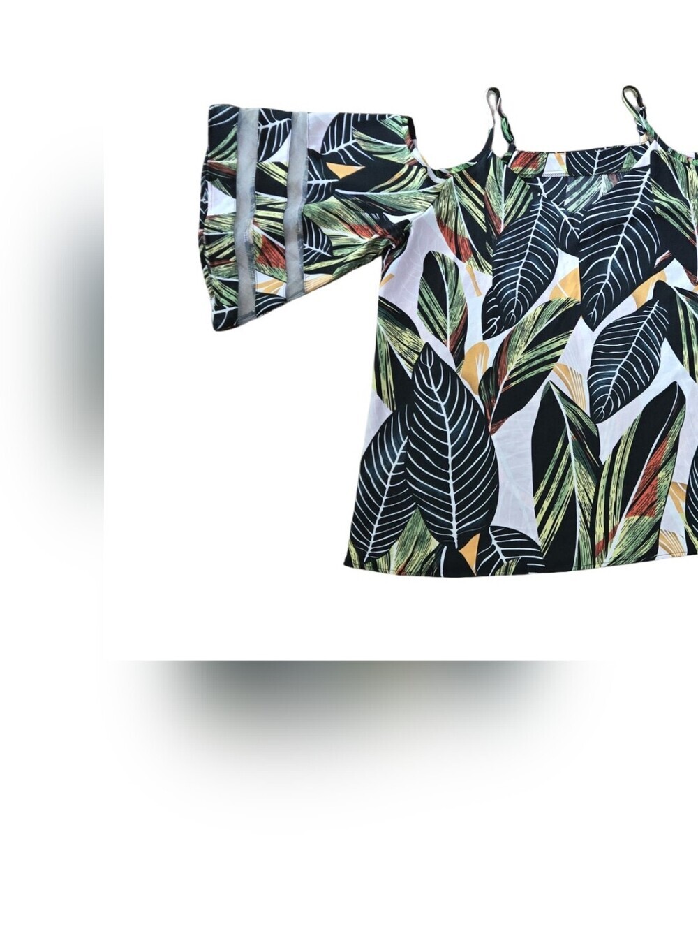 Tropical Cold-Shoulder Leaf Print Top Travel Resortwear Beach Summer Vacation XL - Picture 2 of 9
